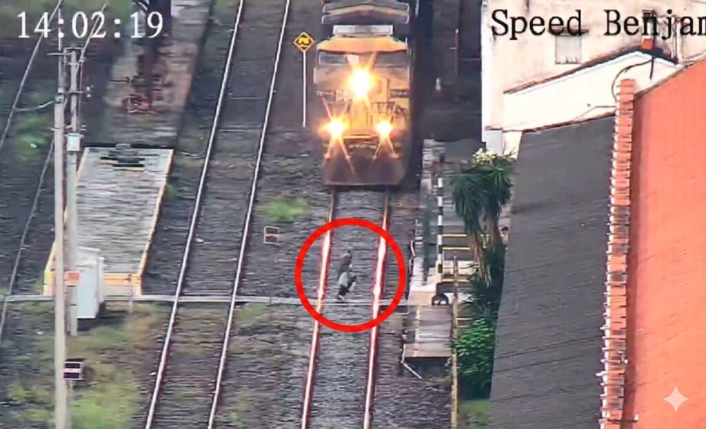 Pedeestre se arrisca na linha do trem em Juiz de Fora MRS Logística/Divulgação