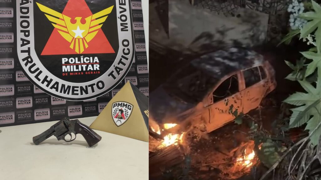 Suspeito é baleado e três são presos após roubo e perseguição policial em Uberlândia Arma usada no crime e carro dos suspeitos apreendidos após o crime Polícia Civil/Divulgação