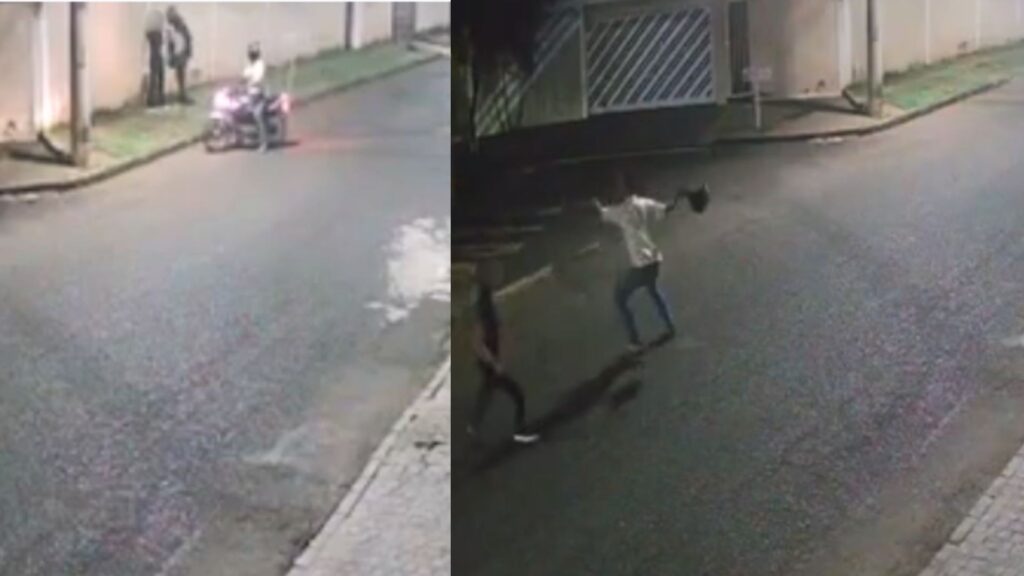Adolescente derruba assaltante de moto e briga no meio da rua durante roubo de celular em Uberlândia Imagens cedidas PM/Reprodução