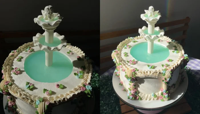Bolo de fonte com anjo criado por confeiteira de Uberlândia viraliza nas redes sociais