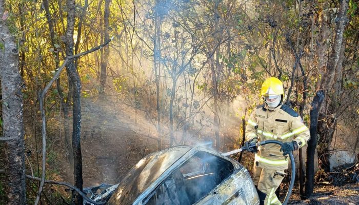 Carro pegou fogo após bater de frente com caminhão Corpo de Bombeiros/Divulgação