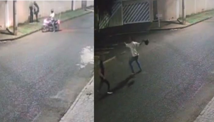 Adolescente derruba assaltante de moto e briga no meio da rua durante roubo de celular em Uberlândia Imagens cedidas PM/Reprodução
